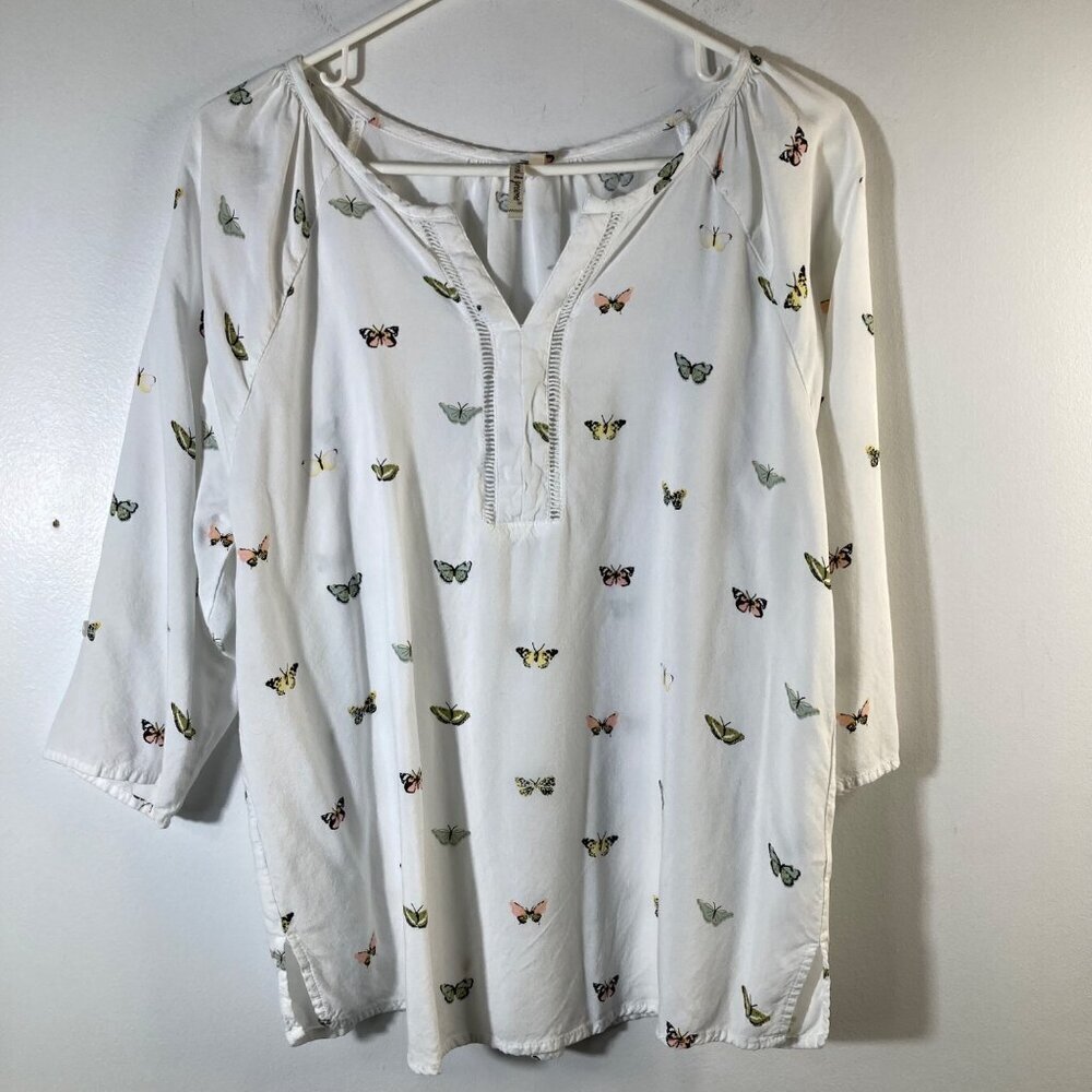 Womens Grand & Greene V Neck Butterfly Tunic Top‎ White Multicolored S Rayon